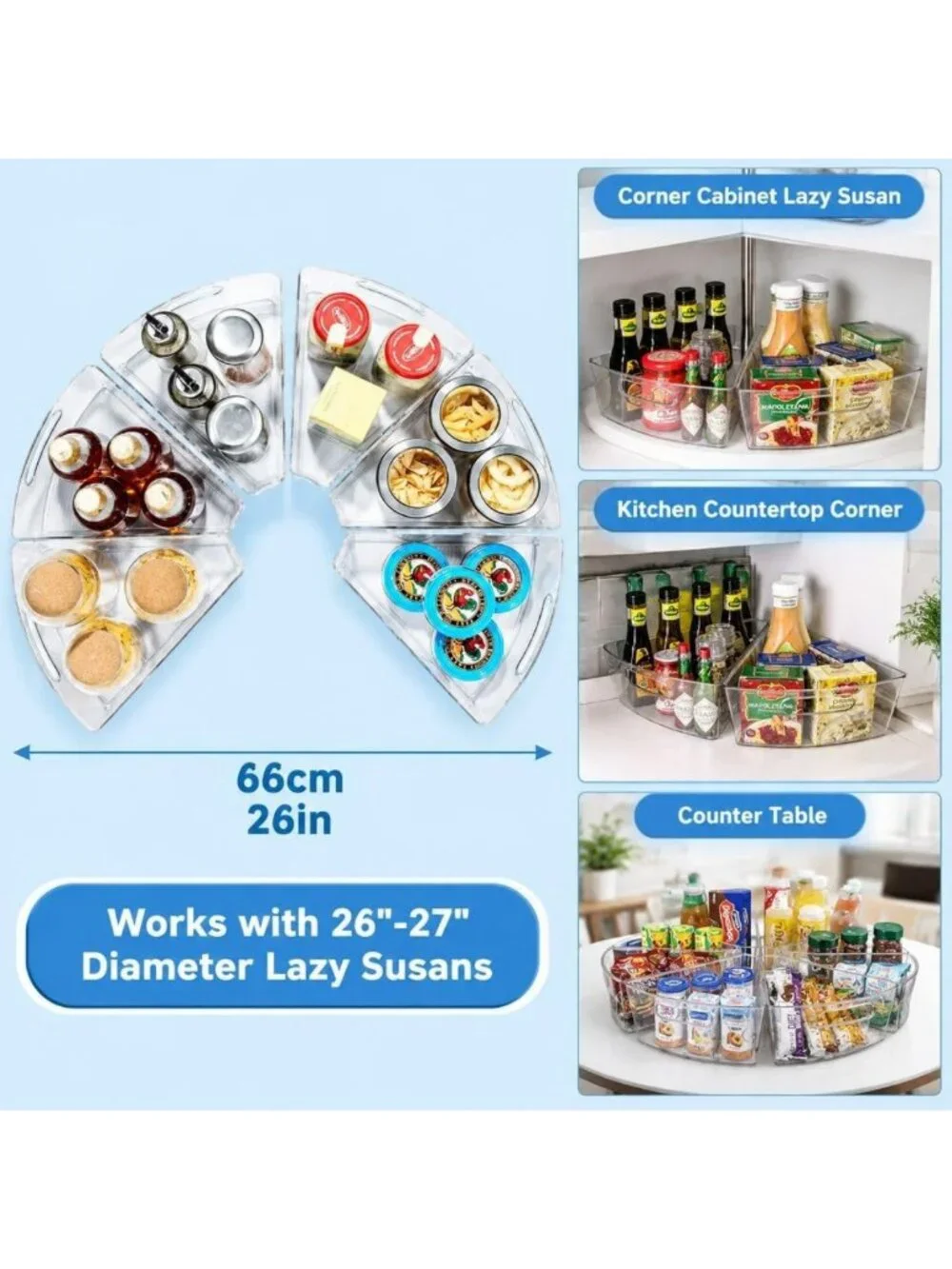 Clear Lazy Susan Organizer for Corner Cabinets - 26''-27'' Diameter, BPA-Free, 8